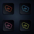 Color neon line CO2 emissions in cloud icon isolated on black background. Carbon dioxide formula, smog pollution concept