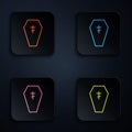 Color neon line Coffin with christian cross icon isolated on black background. Happy Halloween party. Set icons in