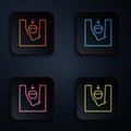Color neon line Coffin in grave icon isolated on black background. Funeral ceremony. Set icons in square buttons. Vector