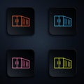 Color neon line Container icon isolated on black background. Crane lifts a container with cargo. Set icons in square