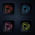 Color neon line Contract money and pen icon isolated on black background. Banking document dollar file finance money