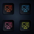 Color neon line Dating app online computer concept icon isolated on black background. Female male profile flat design