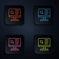 Color neon line Dating app online laptop concept icon isolated on black background. Female male profile flat design