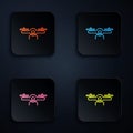 Color neon line Drone flying icon isolated on black background. Quadrocopter with video and photo camera symbol. Set Royalty Free Stock Photo