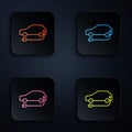 Color neon line Electric car and electrical cable plug charging icon isolated on black background. Renewable eco Royalty Free Stock Photo