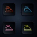 Color neon line Electric iron icon isolated on black background. Steam iron. Set icons in square buttons. Vector Royalty Free Stock Photo