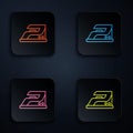 Color neon line Electric iron icon isolated on black background. Steam iron. Set icons in square buttons. Vector Royalty Free Stock Photo