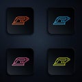 Color neon line Electric iron icon isolated on black background. Steam iron. Set icons in square buttons. Vector Royalty Free Stock Photo
