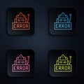 Color neon line Error in the operation program of the robot icon isolated on black background. A broken chip of a robot