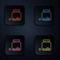 Color neon line Glass jar with candies inside icon isolated on black background. Set icons in square buttons. Vector Royalty Free Stock Photo