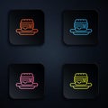 Color neon line Junk food icon isolated on black background. Prohibited hot dog. No Fast food sign. Set icons in square