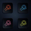 Color neon line Lifebuoy in hand icon isolated on black background. Lifebelt symbol. Set icons in square buttons. Vector Royalty Free Stock Photo