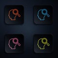 Color neon line Magnifying glass for search a people icon isolated on black background. Recruitment or selection. Search Royalty Free Stock Photo