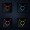 Color neon line Necklace with heart shaped pendant icon isolated on black background. Jewellery decoration Royalty Free Stock Photo
