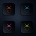 Color neon line Necklace with heart shaped pendant icon isolated on black background. Jewellery decoration Royalty Free Stock Photo