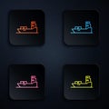 Color neon line Oil tanker ship icon isolated on black background. Set icons in square buttons. Vector Illustration. Royalty Free Stock Photo