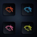 Color neon line Olives branch icon isolated on black background. Set icons in square buttons. Vector