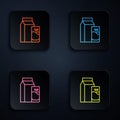 Color neon line Paper package for kefir and glass icon isolated on black background. Dieting food for healthy lifestyle Royalty Free Stock Photo