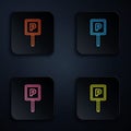 Color neon line Parking icon isolated on black background. Street road sign. Set icons in square buttons. Vector Royalty Free Stock Photo