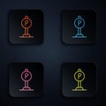 Color neon line Parking icon isolated on black background. Street road sign. Set icons in square buttons. Vector Royalty Free Stock Photo