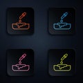 Color neon line Petri dish with pipette icon isolated on black background. Set icons in square buttons. Vector