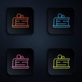 Color neon line Piece of cake icon isolated on black background. Happy Birthday. Set icons in square buttons. Vector Royalty Free Stock Photo