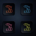 Color neon line Price tag for fish icon isolated on black background. Set icons in square buttons. Vector