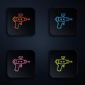 Color neon line Ray gun icon isolated on black background. Laser weapon. Space blaster. Set icons in square buttons. Vector