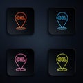Color neon line Refill petrol fuel location icon isolated on black background. Gas station and map pointer. Set icons in