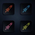 Color neon line Rocket ship with fire icon isolated on black background. Space travel. Set icons in square buttons Royalty Free Stock Photo