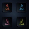 Color neon line Rocket ship icon isolated on black background. Space travel. Set icons in square buttons. Vector Royalty Free Stock Photo