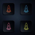 Color neon line Rocket ship icon isolated on black background. Space travel. Set icons in square buttons. Vector Royalty Free Stock Photo