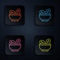 Color neon line Salad in bowl icon isolated on black background. Fresh vegetable salad. Healthy eating. Set icons in