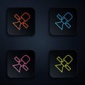 Color neon line Satellite icon isolated on black background. Set icons in square buttons. Vector