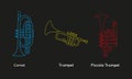 Color neon line, shape or outline forms of musical instruments as cornet, trumpet and piccolo trumpet in vivid contour illustratio