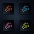 Color neon line Shaving gel foam on hand icon isolated on black background. Shaving cream. Set icons in square buttons Royalty Free Stock Photo