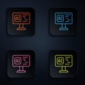 Color neon line Software, web developer programming code icon isolated on black background. Javascript computer script