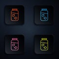 Color neon line Strawberry jam jar icon isolated on black background. Set icons in square buttons. Vector Royalty Free Stock Photo