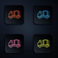 Color neon line Tanker truck icon isolated on black background. Petroleum tanker, petrol truck, cistern, oil trailer