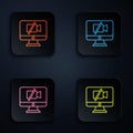 Color neon line Video camera Off on computer icon isolated on black background. No video. Set icons in square buttons Royalty Free Stock Photo