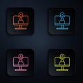 Color neon line Video chat conference icon isolated on black background. Computer with video chat interface active Royalty Free Stock Photo