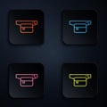 Color neon line Waist bag of banana icon isolated on black background. Set icons in square buttons. Vector Royalty Free Stock Photo