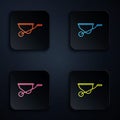 Color neon line Wheelbarrow icon isolated on black background. Tool equipment. Agriculture cart wheel farm. Set icons in Royalty Free Stock Photo