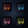 Color neon line Wild west covered wagon icon isolated on black background. Set icons in square buttons. Vector
