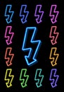 Neon thunderbolt icon set on black background. Royalty Free Stock Photo