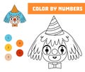 Color by number, education game for kids, Cute cartoon clown face in a hood