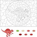 Color by number educational game for kids. Cartoon Spinosaurus.