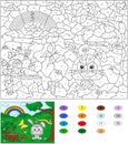 Color by number educational game for kids. Forest glade with a h