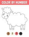 Color by number game for kids. Childish cute sheep. Farm coloring page. Printable worksheet with solution for school and Royalty Free Stock Photo