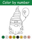 Color by number game for kids. Cute gnome with baloon. St. Patrick's Day coloring book. Printable worksheet with